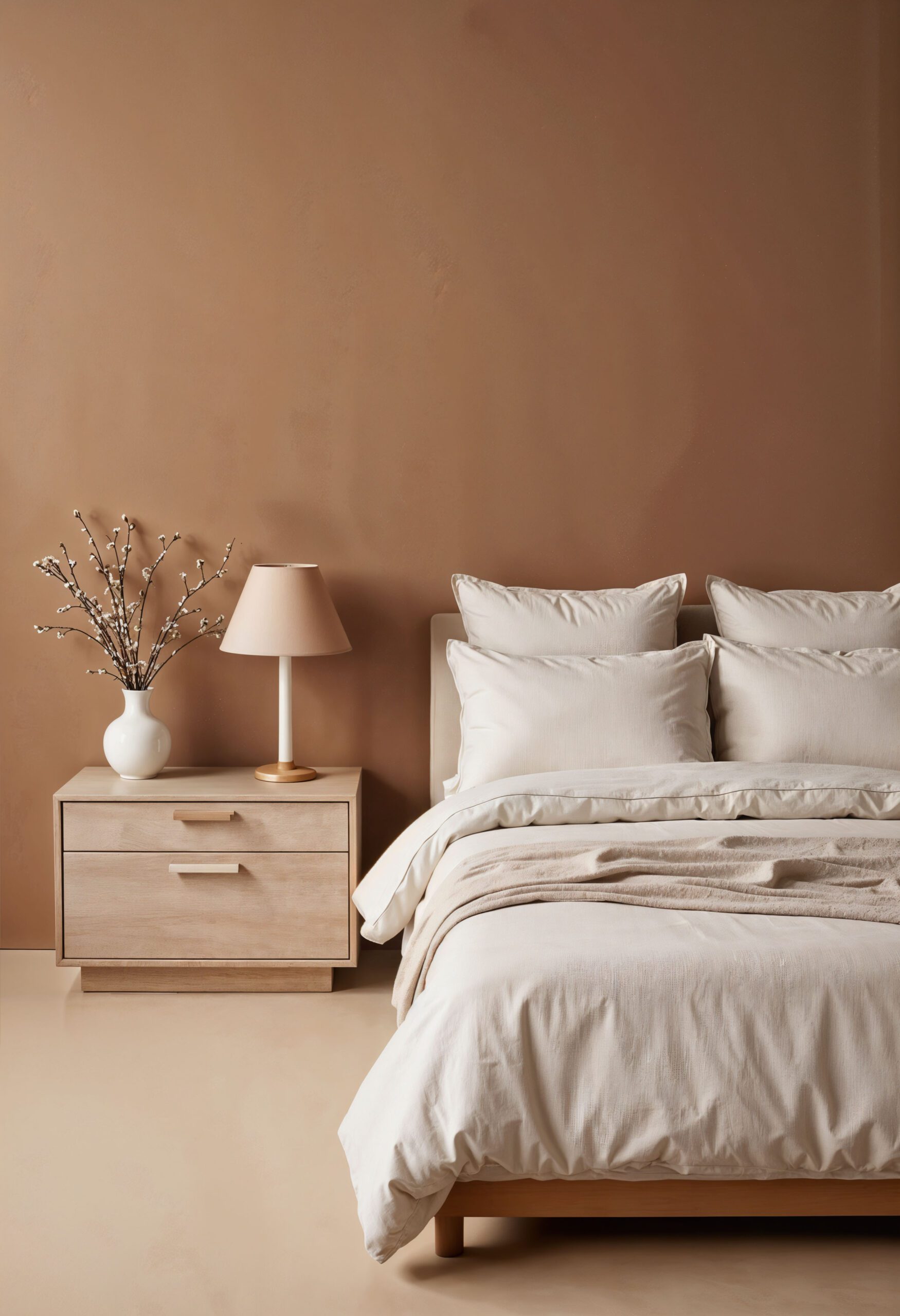 Warm neutral bedroom natural materials wood nightstand — Riviera style