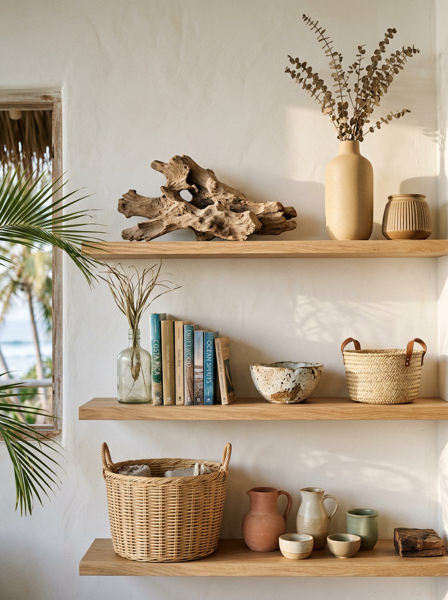 coastal home decor Jaco Costa Rica natural objects driftwood shelving