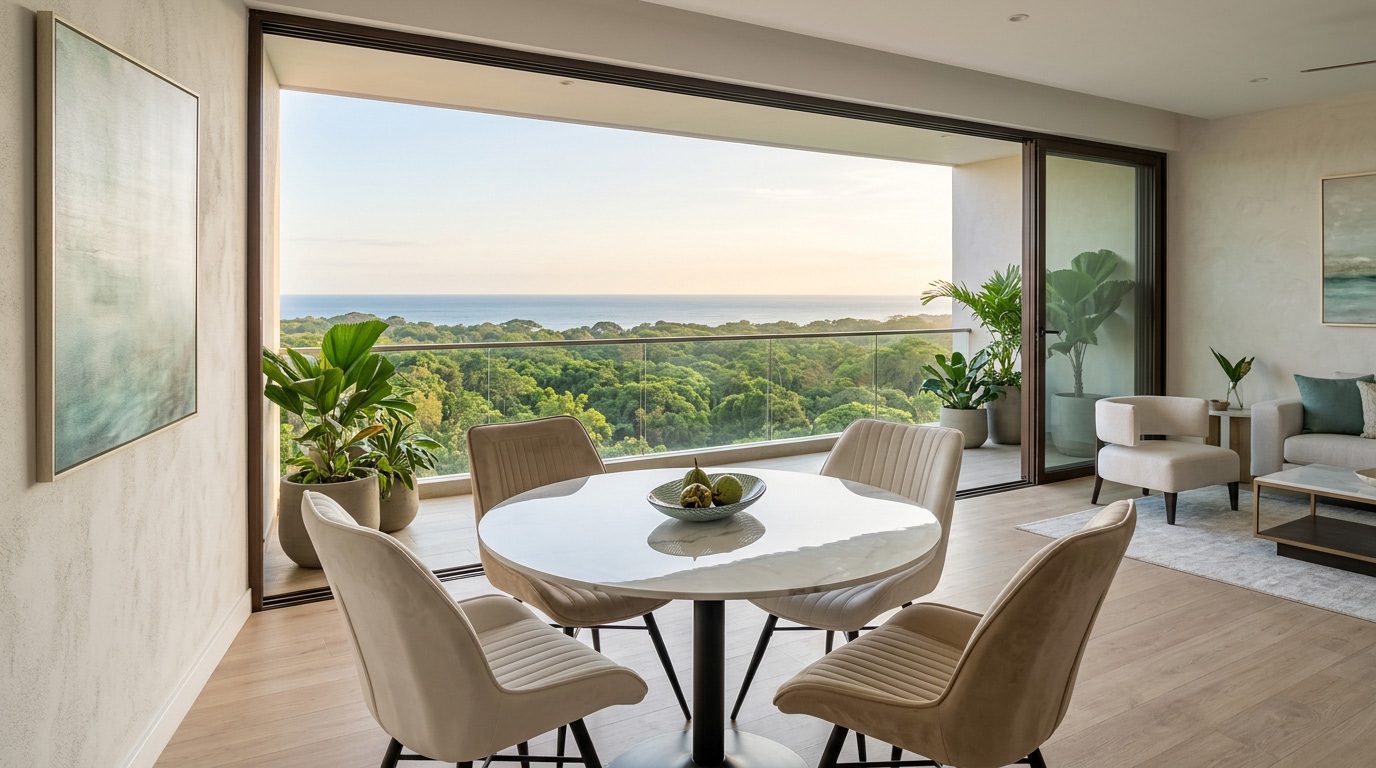 Round dining table teal chairs new development condo — Riviera Home Furniture Jacó Beach
