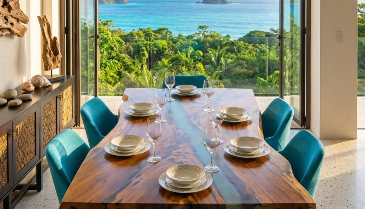 Live edge saman dining table with teal chairs — Riviera Home Furniture Jacó Costa Rica