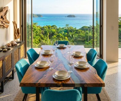 Live edge saman dining table with teal chairs — Riviera Home Furniture Jacó Costa Rica