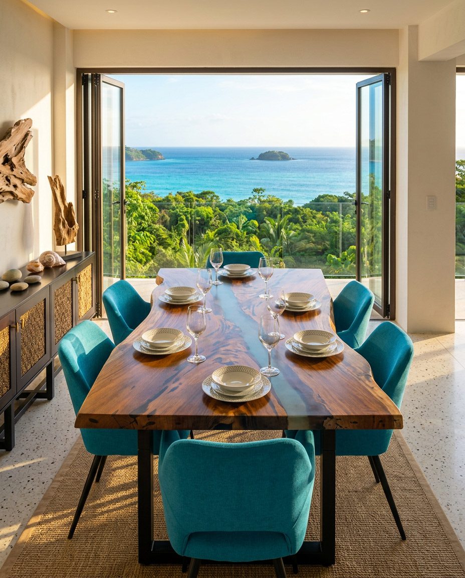 Live edge saman dining table with teal chairs in a luxury Jacó condo — Riviera Home Furniture