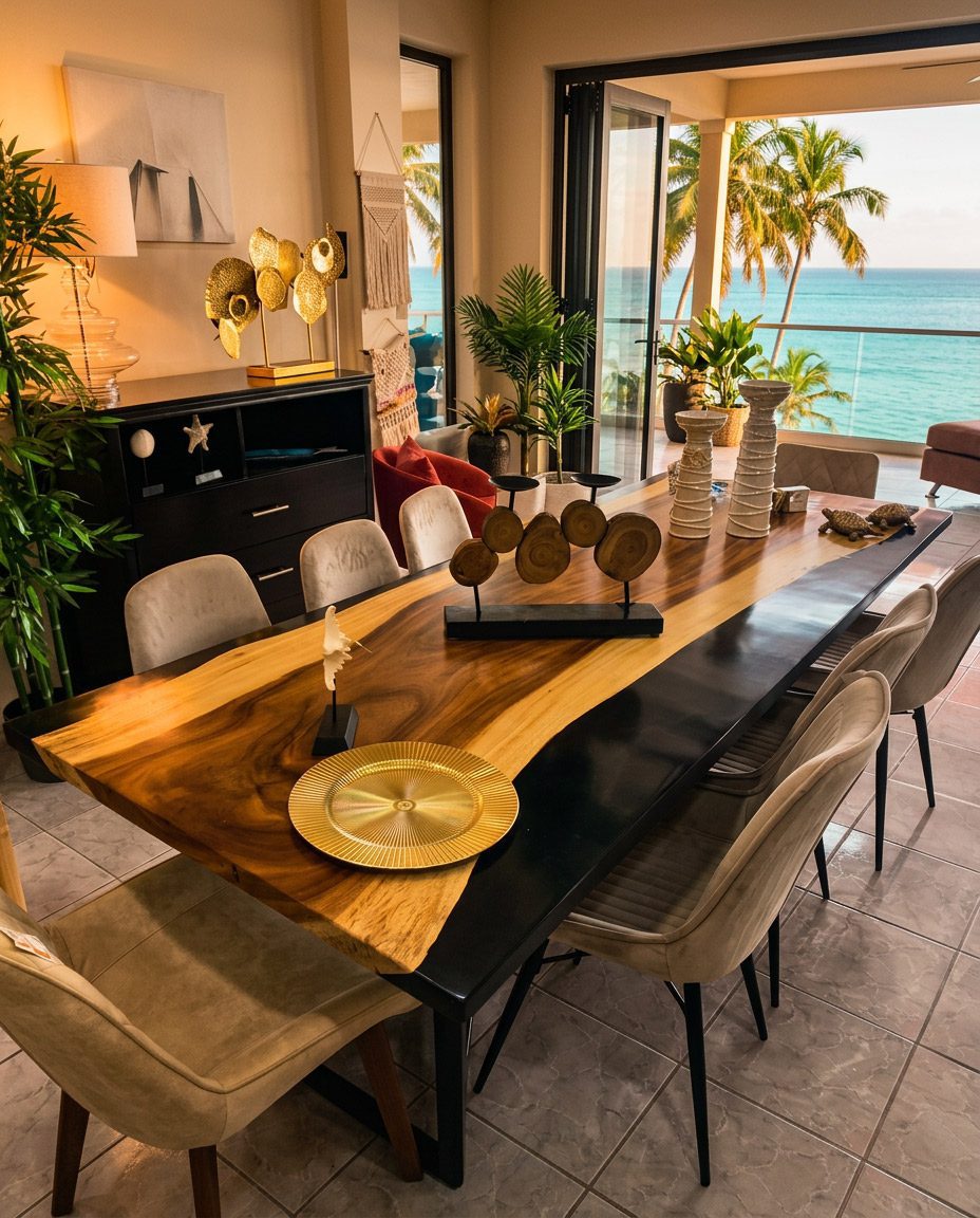 Live edge epoxy resin dining table — locally crafted at Riviera Home Furniture Jacó