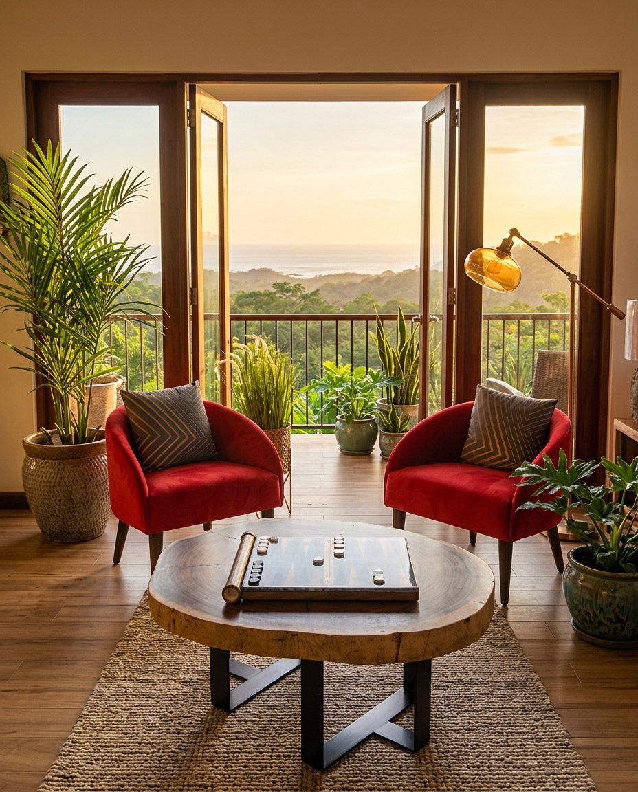Riviera Home Furniture Jacó showroom — red armchairs and live edge coffee table