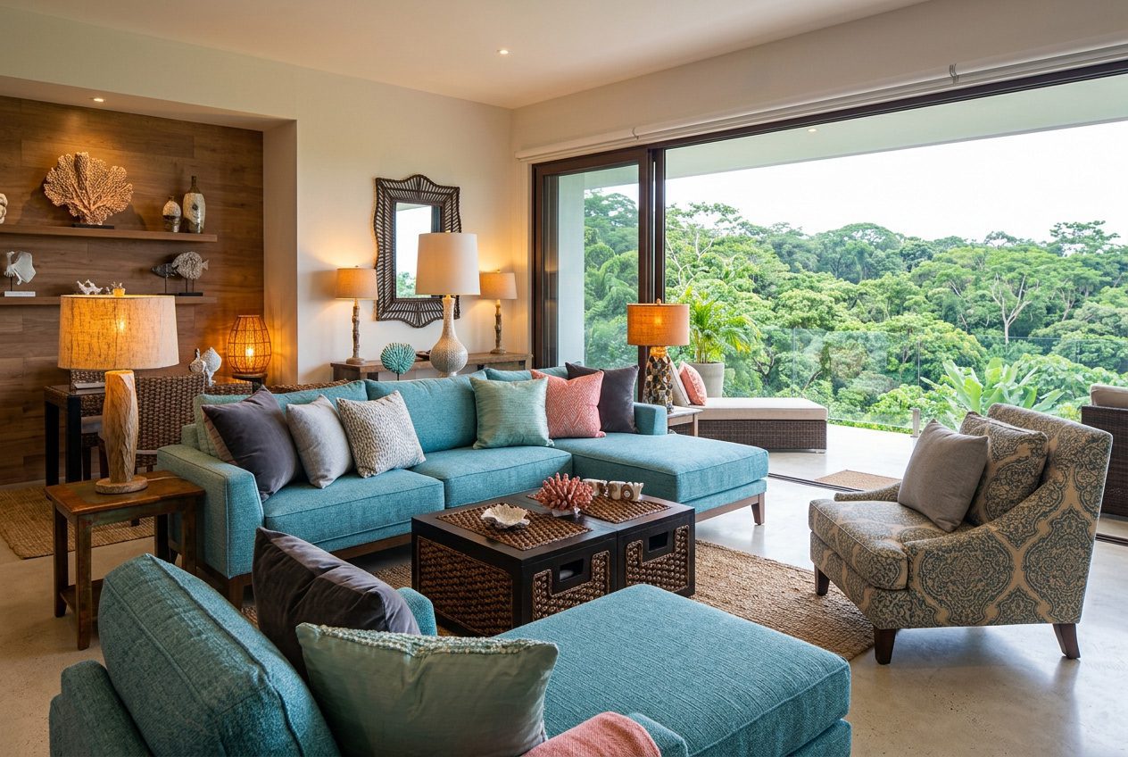 Teal L-shaped sectional sofa coastal condo living room — Riviera Home Furniture Jacó Costa Rica
