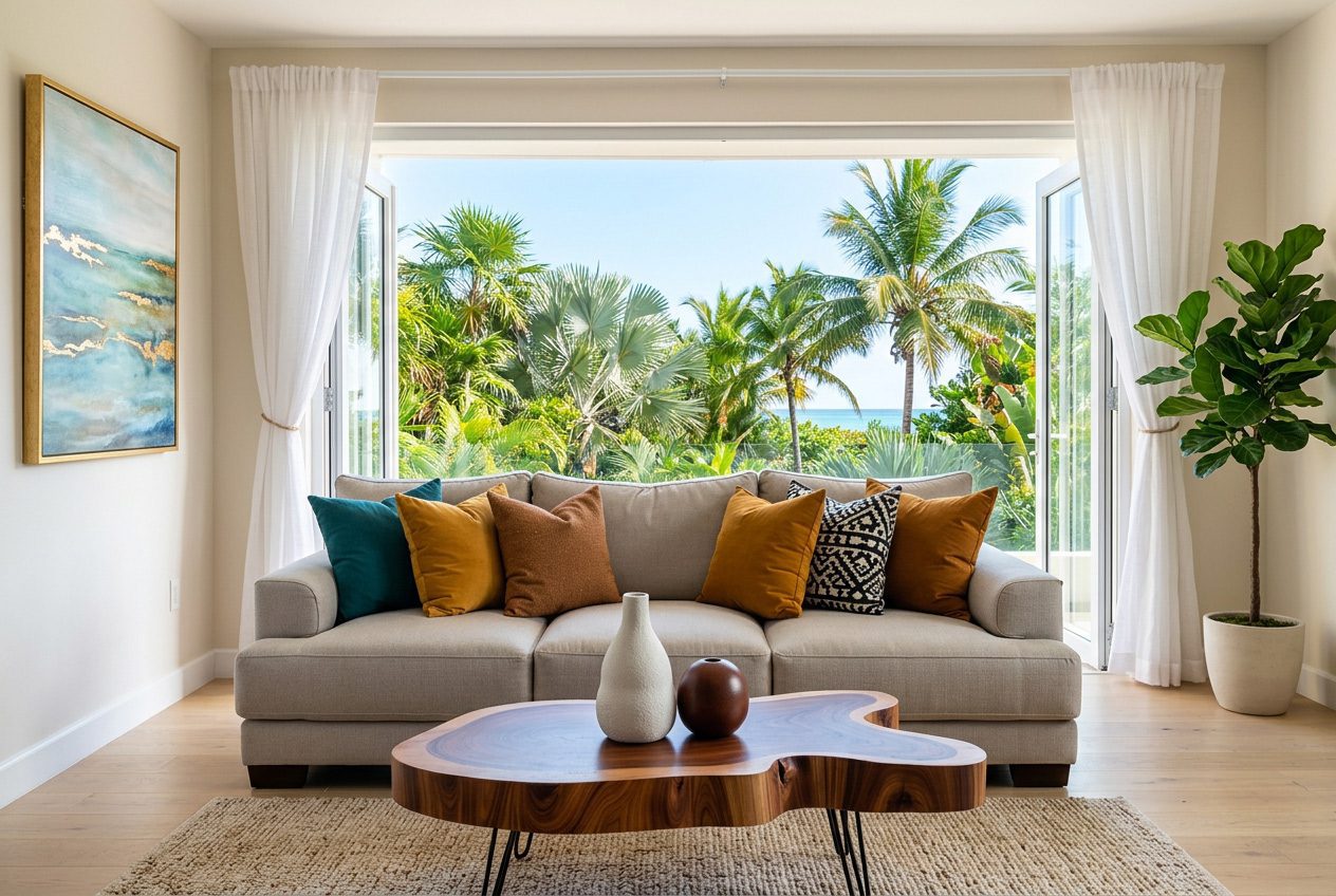 Custom sofa with colourful cushions and live edge coffee table — Riviera Home Furniture Jacó Costa Rica