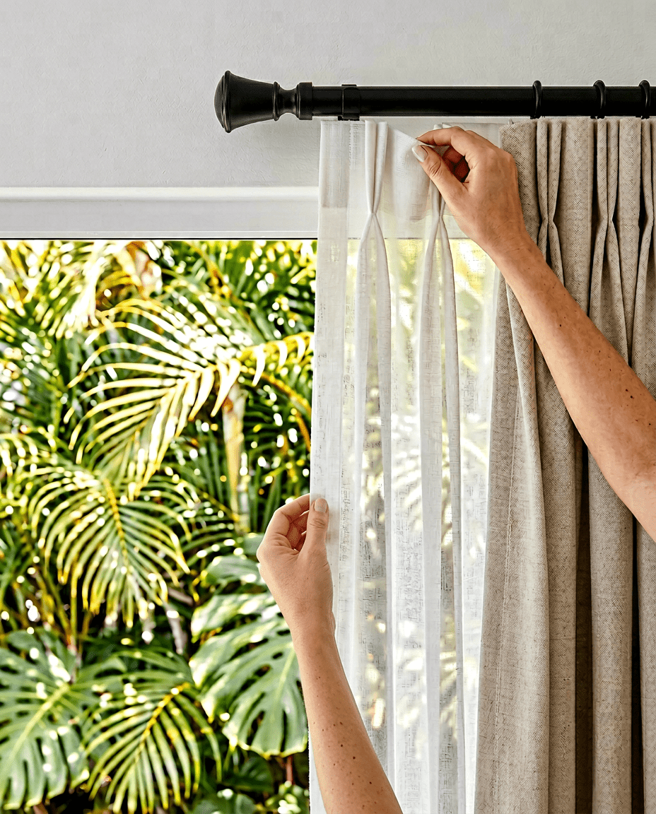 Expert curtain installation with tropical foliage backdrop, Jacó Beach Costa Rica — Riviera Home Furniture