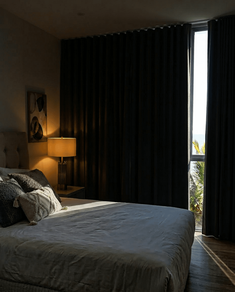Luxury blackout curtains fully drawn in a serene coastal bedroom, Jacó Beach Costa Rica — Riviera Home Furniture