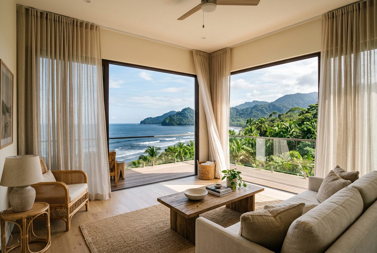 Floor-to-ceiling linen curtains in a bright coastal living room, Pacific ocean view, Jacó Beach Costa Rica — Riviera Home Furniture
