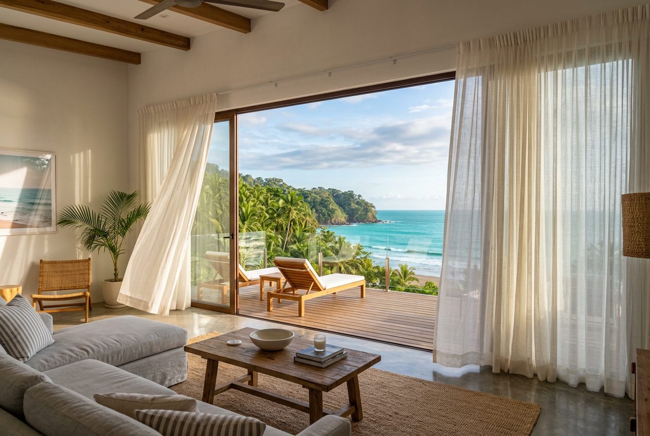 Floor-to-ceiling linen curtains with Pacific ocean and palm tree view, Jacó Beach Costa Rica — Riviera Home Furniture