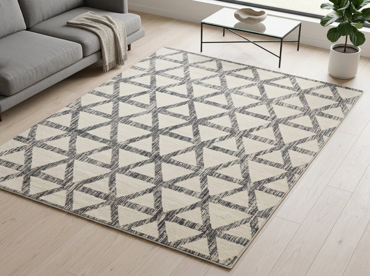 Triangle lattice rug blush sand and charcoal hand drawn lines — Riviera Home Furniture Jacó Costa Rica
