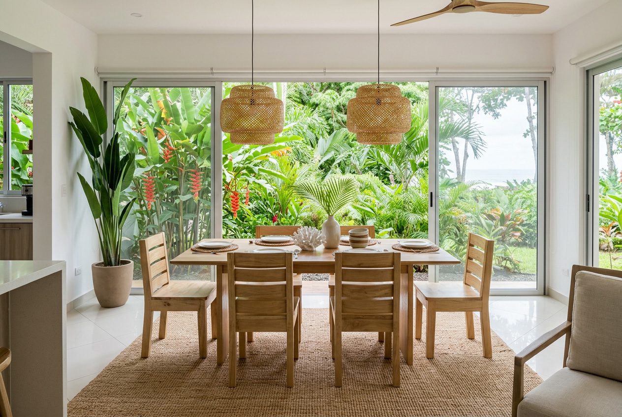 Vacation rental dining room with solid wood table and chairs, Jacó Beach Costa Rica