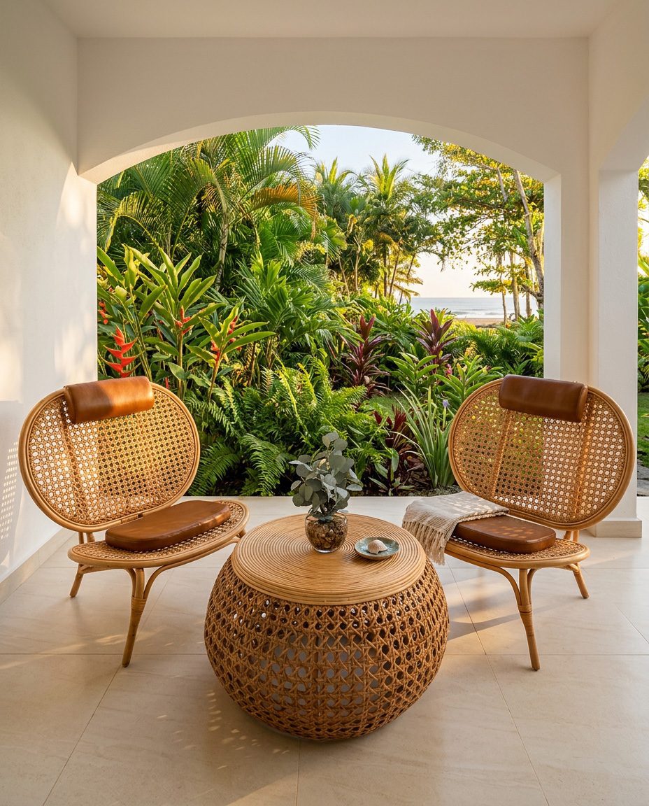 Outdoor terrace with round rattan lounge chairs, vacation rental Jacó Beach Costa Rica
