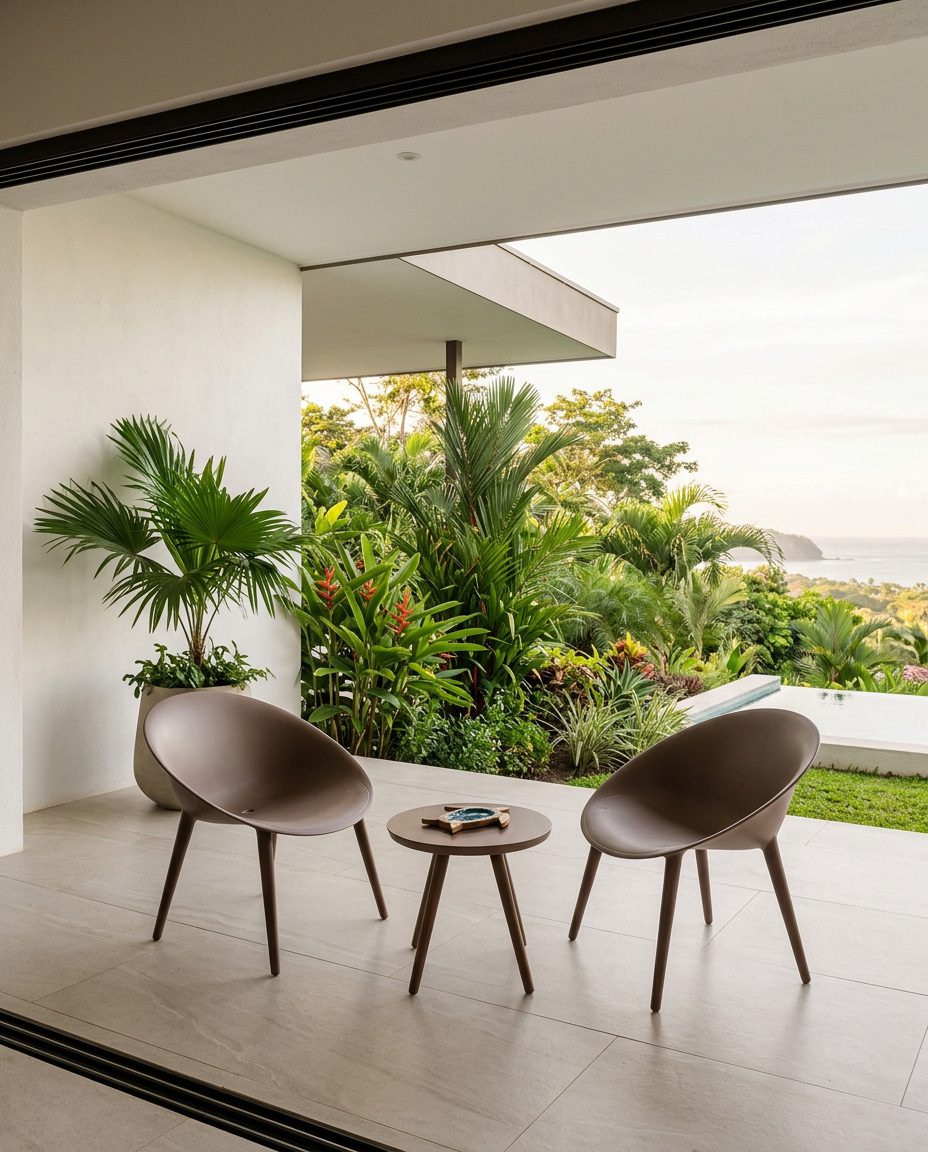 Modern terrace with sculptural shell chairs, vacation rental Jacó Beach Costa Rica