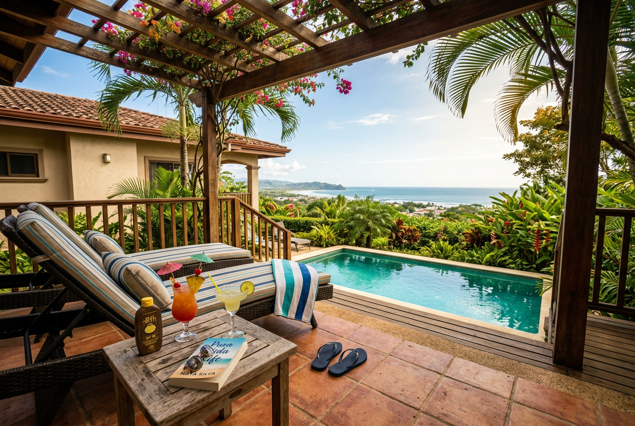 Vacation rental terrace with pool view and tropical cocktails, Jacó Beach Costa Rica