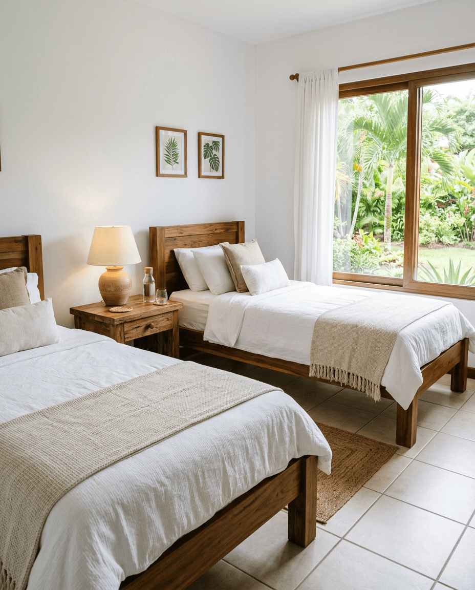 Vacation rental twin bedroom with solid wood beds and garden view, Jacó Beach Costa Rica