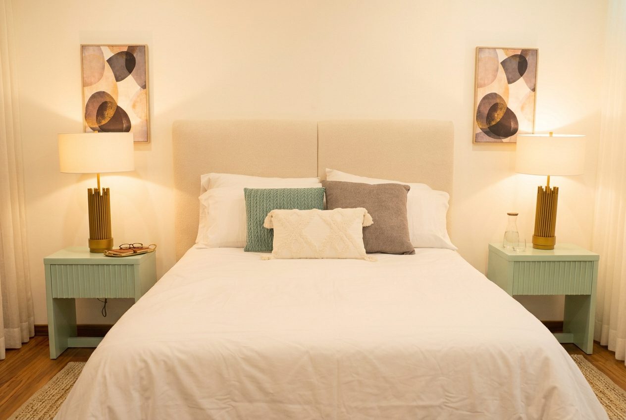 Custom warm bedroom with gold lamps — Riviera Furniture Jacó Costa Rica