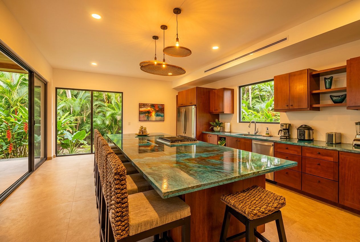 Teak wood bar stools at marble kitchen island Jacó Beach — Riviera Home Furniture