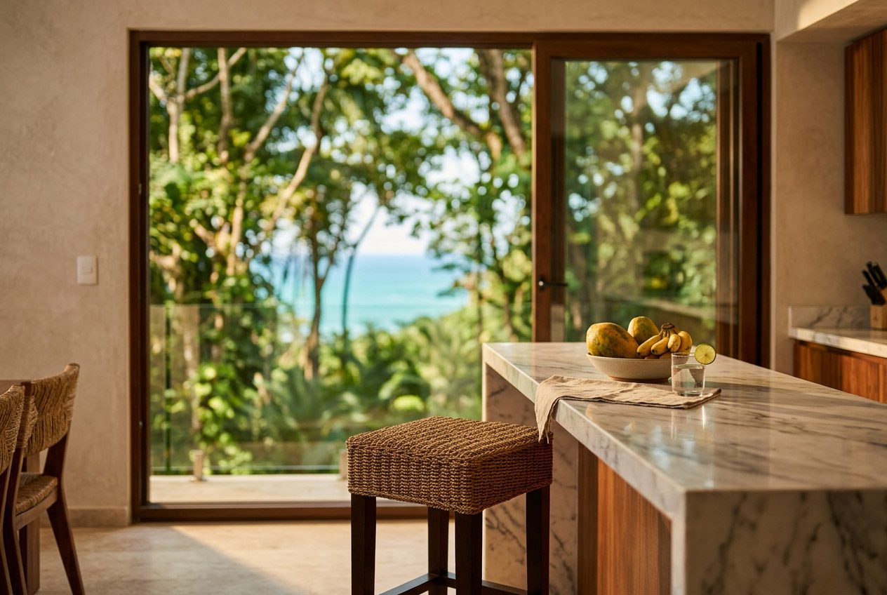 Custom marble kitchen island with cognac bar stools — Riviera Home Furniture Jacó Costa Rica