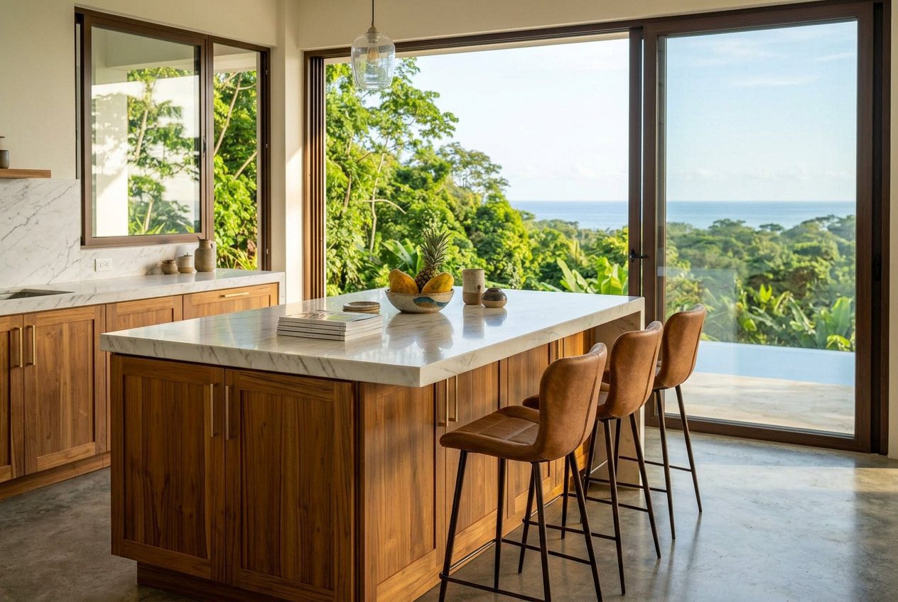 Custom turquoise epoxy resin kitchen island rattan stools real client Jacó Beach — Riviera Home Furniture