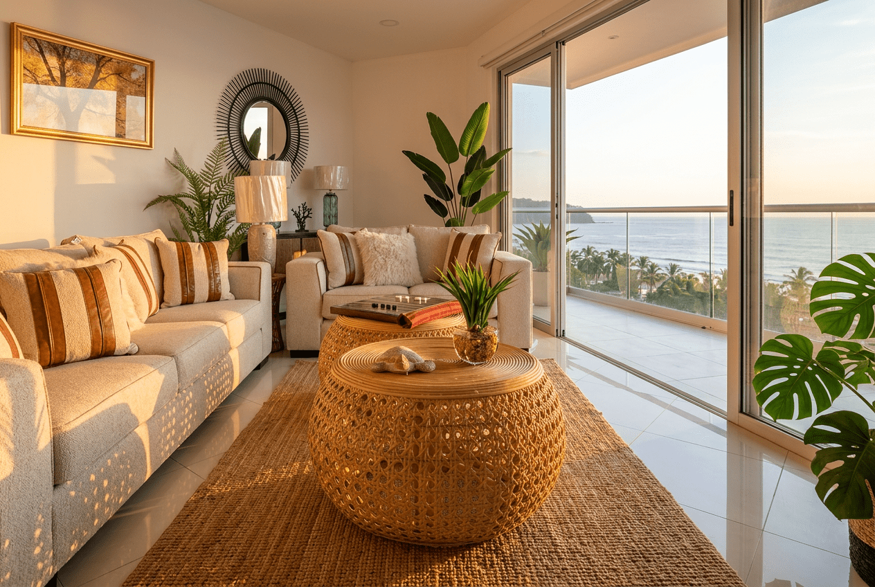 Coffee table with woven rattan base — Riviera Home Furniture Jacó
