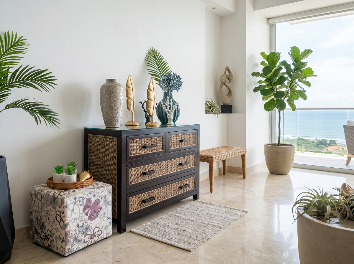 Dark wood console with woven cane — Riviera Home Furniture imported collections