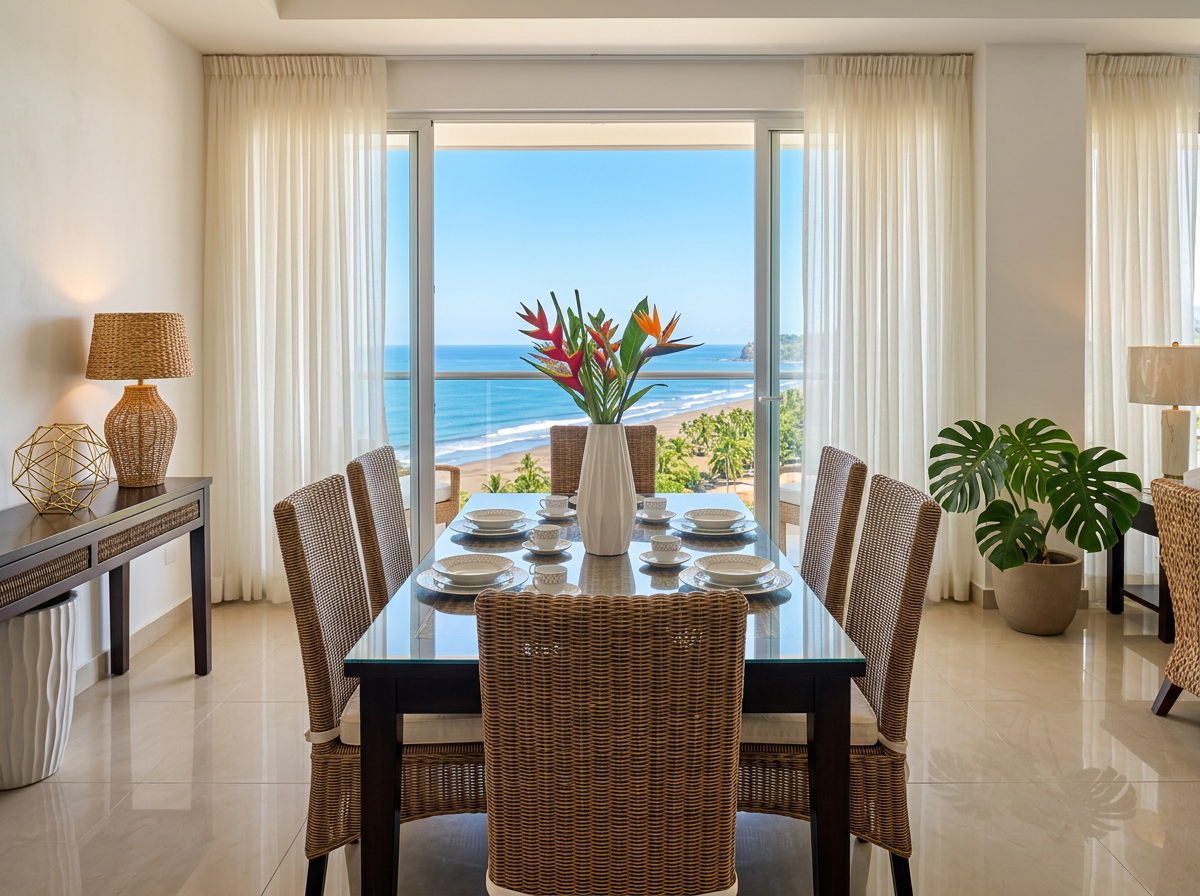 Glass top dining table with woven wicker — Riviera Home Furniture Jacó Costa Rica