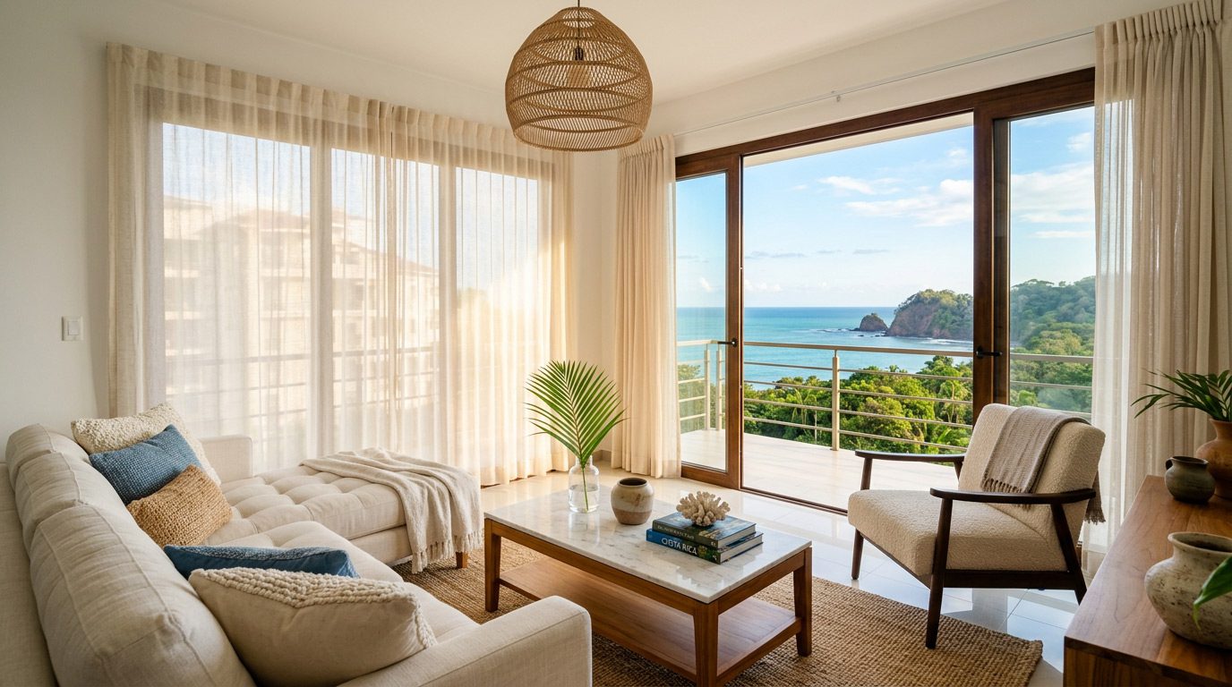 Custom curtains with Pacific view — Riviera Home Furniture Jacó