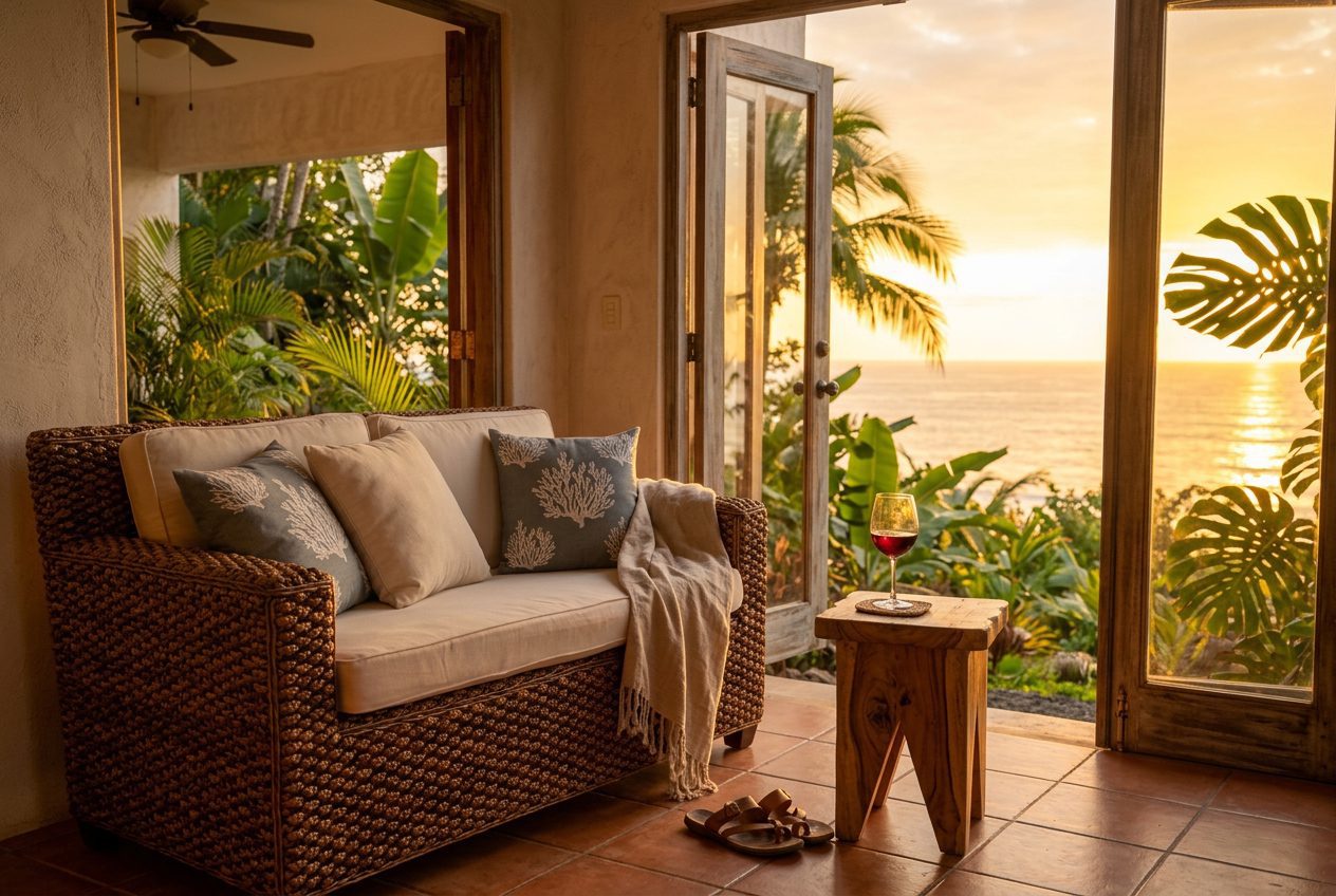 Person relaxing on cream sofa with open book, golden sunset light through sheer curtains, coastal interior Jacó Costa Rica — Riviera Home Furniture