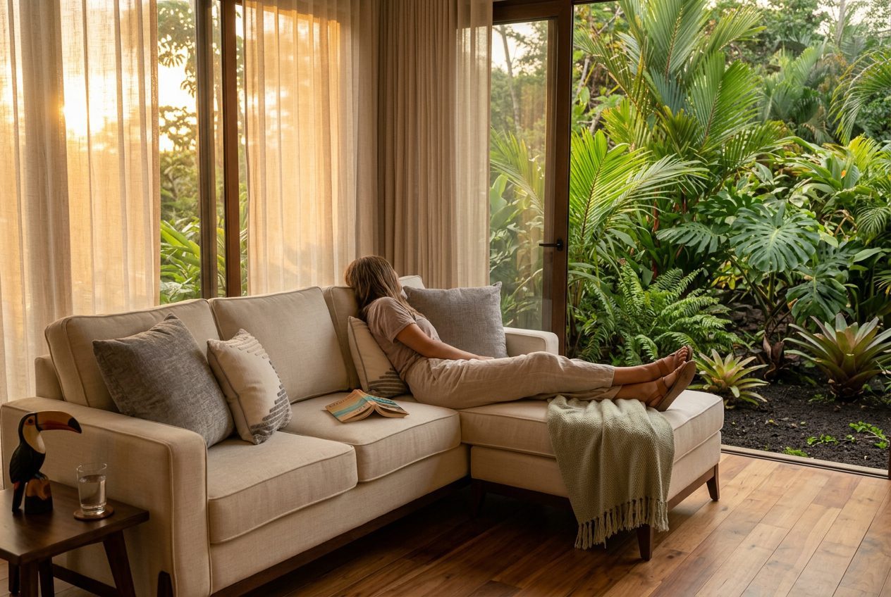 Warm golden sunset light in a coastal living room with rattan armchair and Pacific ocean view, Jacó Costa Rica — Riviera Home Furniture
