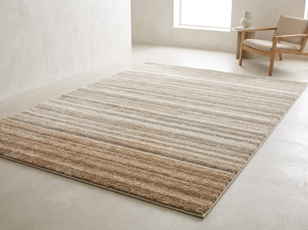 Tonal horizontal stripe area rug in warm sand and taupe — Riviera Home Furniture Jacó