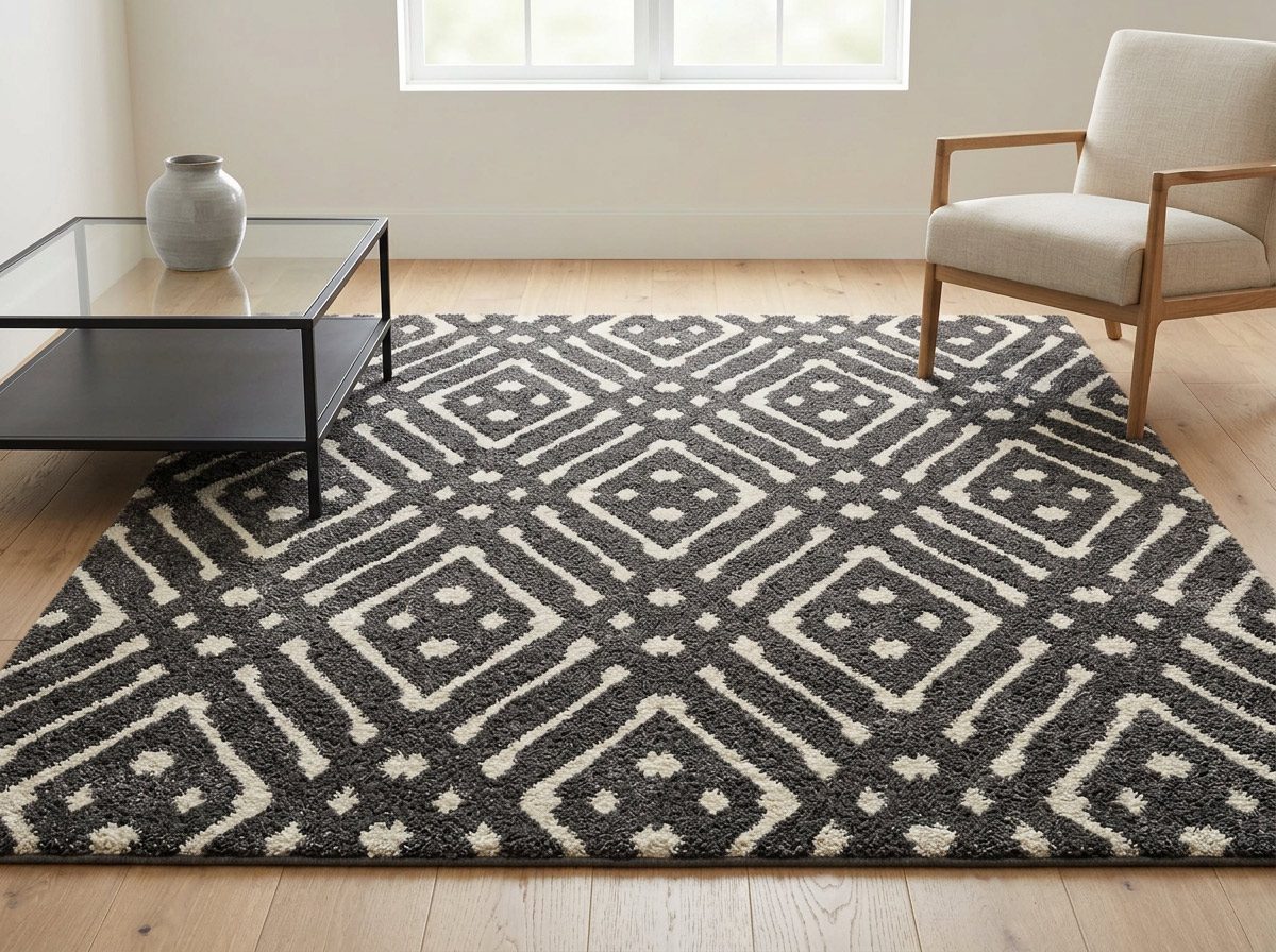 Abstract block pattern area rug in cream and charcoal asymmetric composition — Riviera Home Furniture Jacó Costa Rica