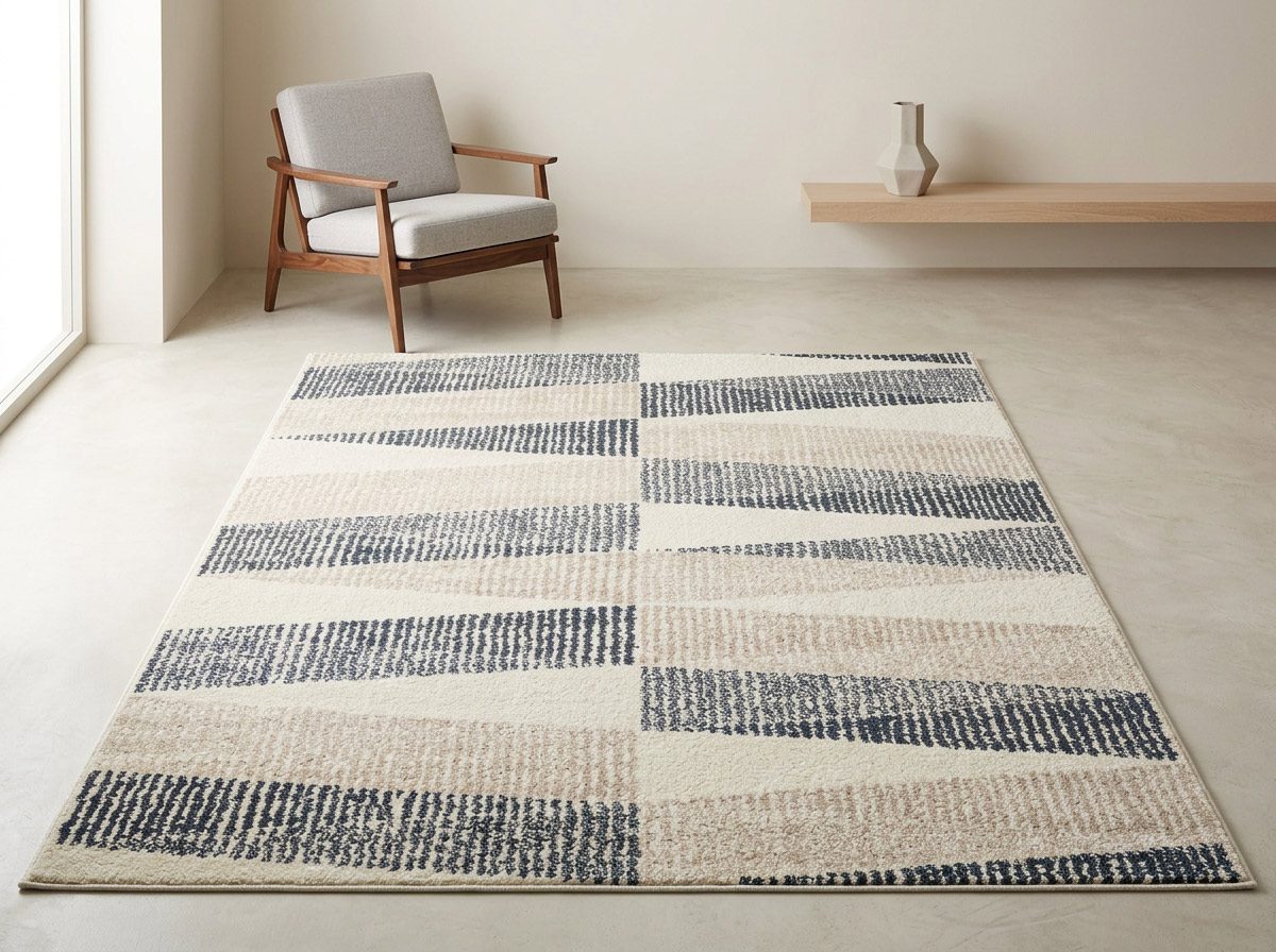 Modern geometric triangle lattice area rug styled in a minimal living room — Riviera Home Furniture Jacó Costa Rica
