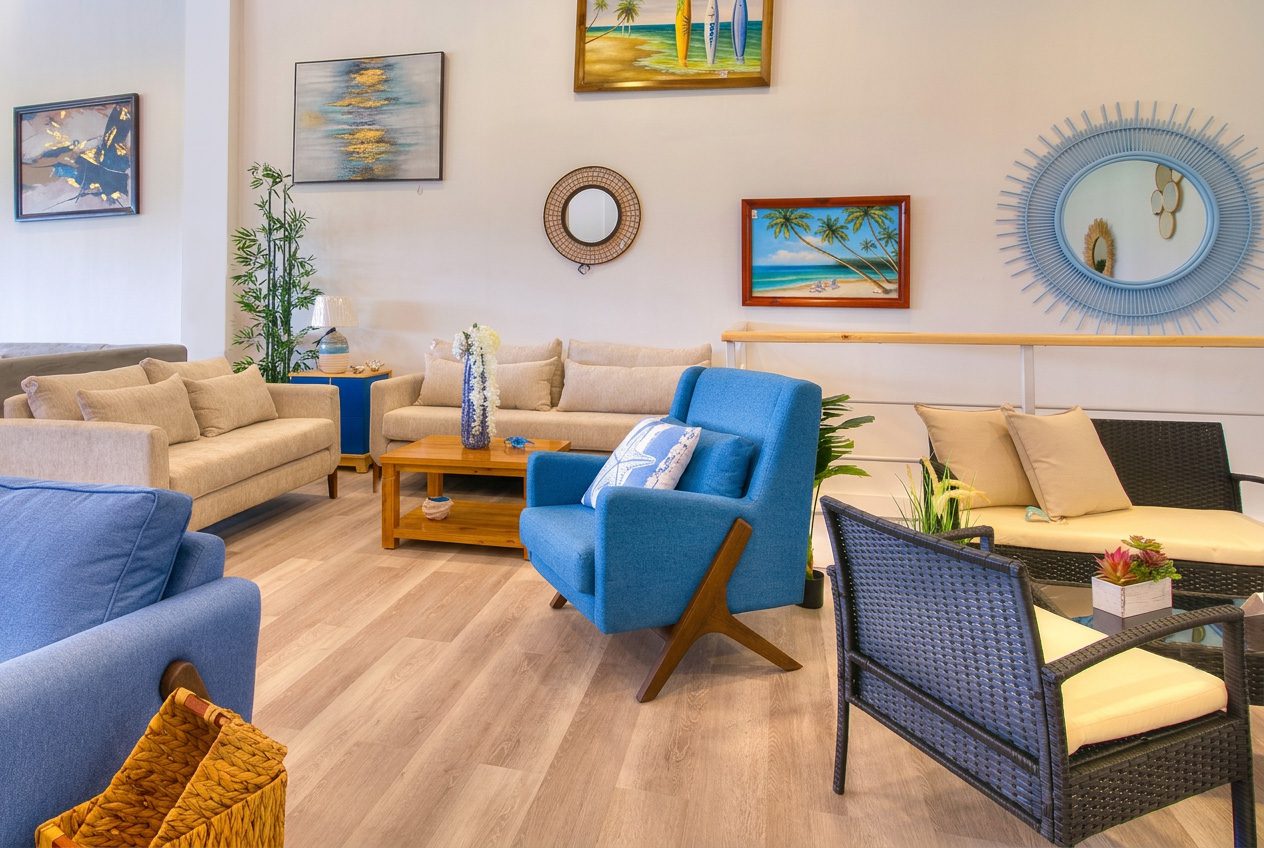 Furniture showroom floor with imported and custom collections — Riviera Home Furniture Jacó