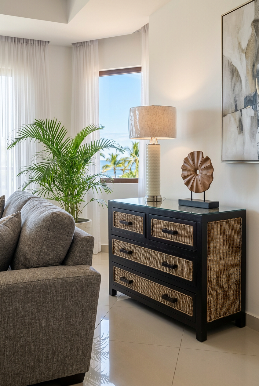 Woven rattan furniture detail — Riviera Home Furniture Jacó