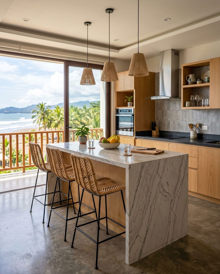 Modern condo kitchen island design with Jacó Beach view — Riviera Home Furniture