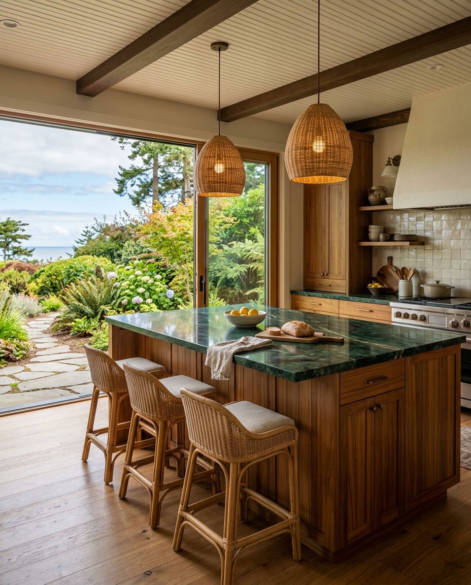 Custom wood kitchen island warm finish Jacó Costa Rica — Riviera Home Furniture