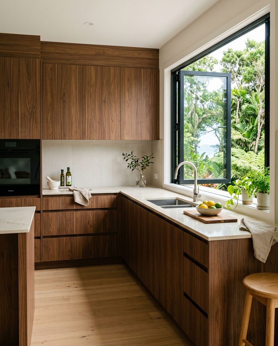 Custom kitchen cabinetry warm walnut finish Jacó Costa Rica — Riviera Home Furniture