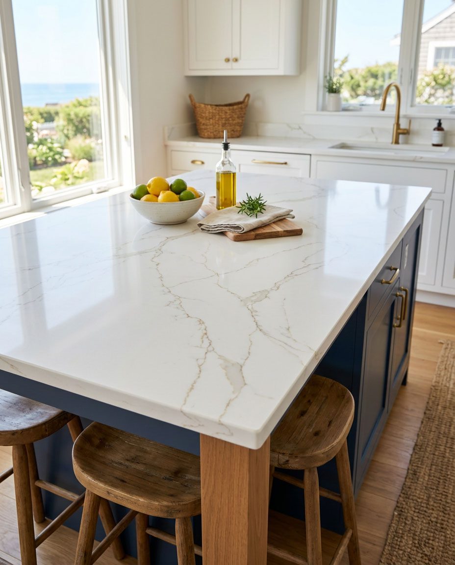 Marble resin countertop detail custom kitchen island — Riviera Home Furniture Jacó Costa Rica