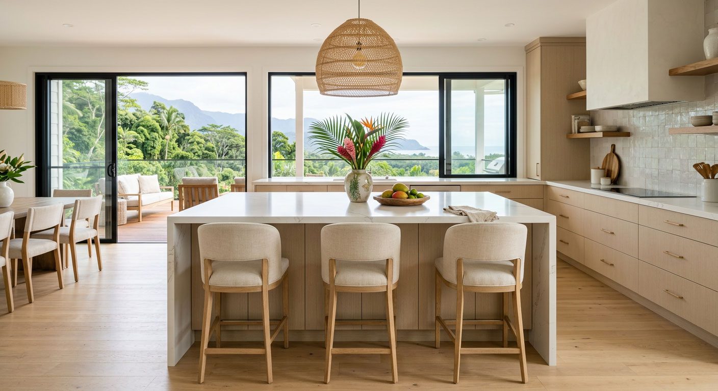 Custom kitchen island with marble resin countertop — Riviera Home Furniture Jacó Costa Rica