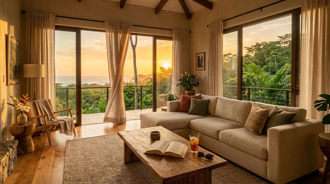 Golden hour living room, Pacific coast — Riviera Home Furniture Jacó