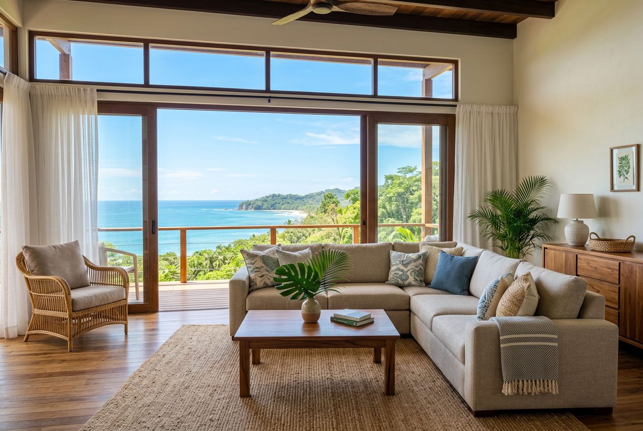 Custom furnished living room overlooking Jacó Beach — Riviera Home Furniture