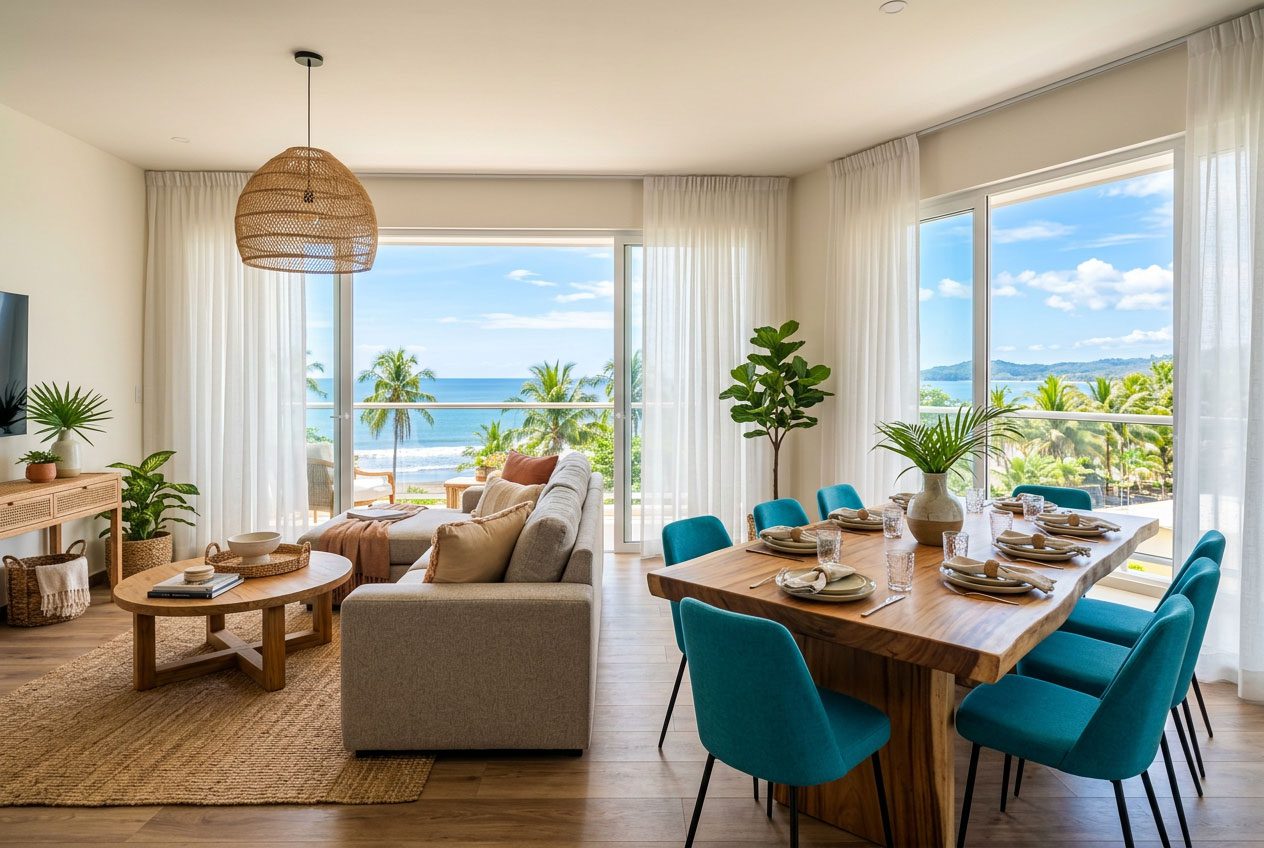 Bright, airy condo living room on the Pacific coast of Costa Rica, greige and terracotta palette — Riviera Home Furniture