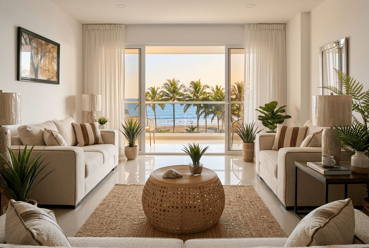 Pacific coast condo living room furnished by Riviera Home Furniture, ocean view — Jacó, Costa Rica