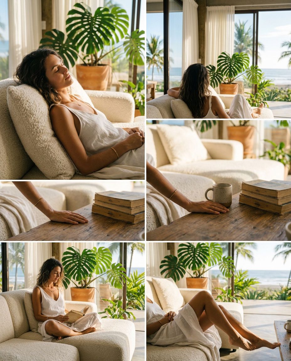 Woman reading on a boucle sectional with ocean and palm trees in the background — Riviera Home Furniture Jacó Costa Rica