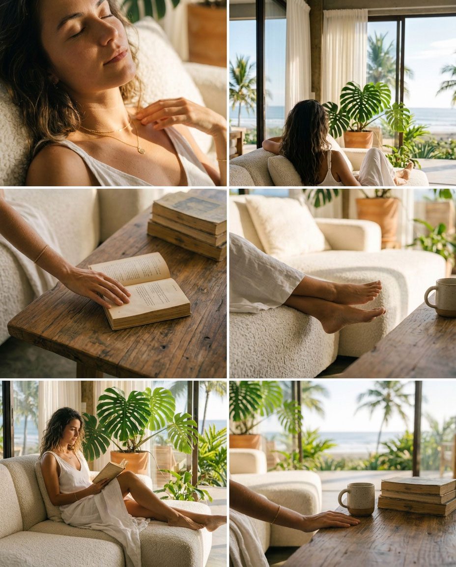 Sleeping figure wrapped in a linen throw on a sofa with an ocean view — Riviera Home Furniture Jacó Costa Rica