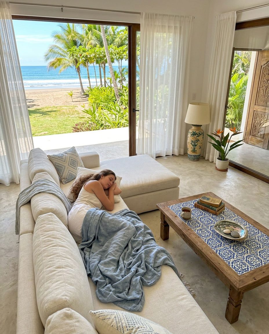 Sunlit reading nook with linen sofa, books, and coffee mug — Riviera Home Furniture Jacó Costa Rica