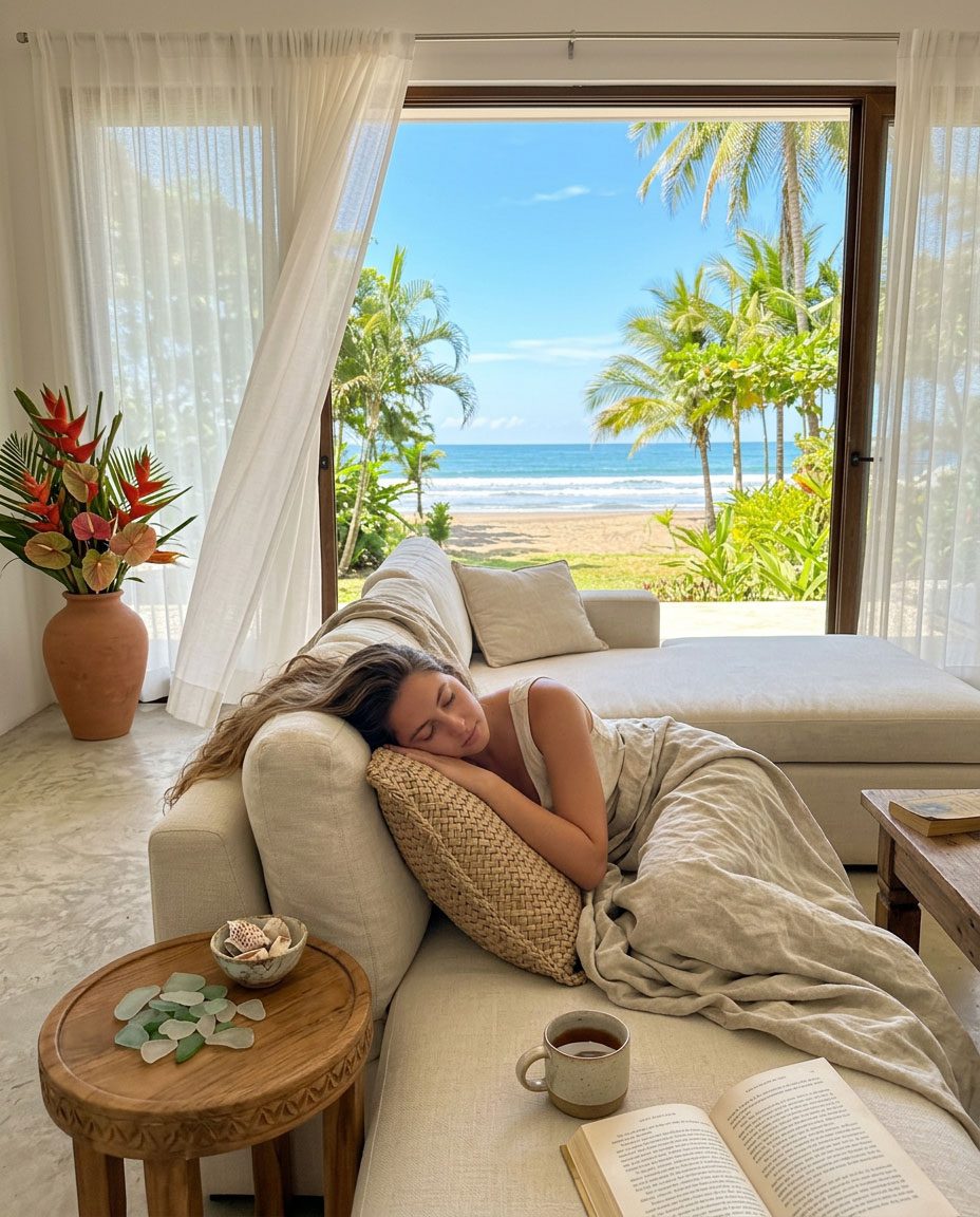 Woman resting in a boucle armchair with monstera plant and ocean view — Riviera Home Furniture Jacó Costa Rica
