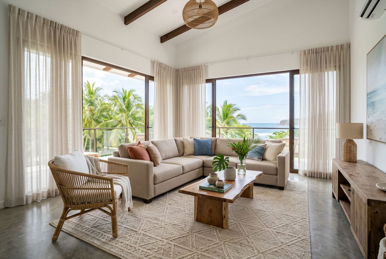 Bright, modern coastal living room in Costa Rica with performance sofa and rattan accent chair — Riviera Home Furniture