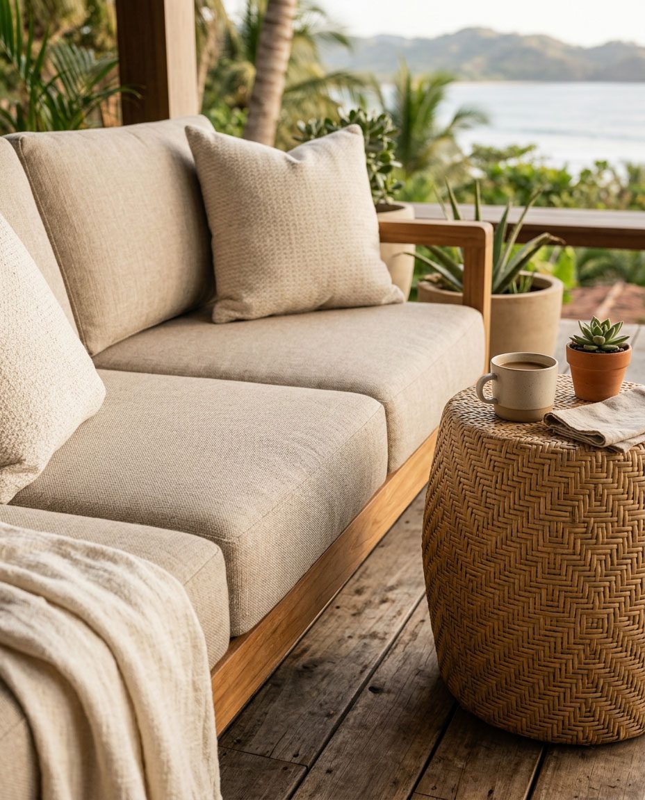 Close detail of a modern coastal sofa, performance fabric texture — Riviera Home Furniture Jacó